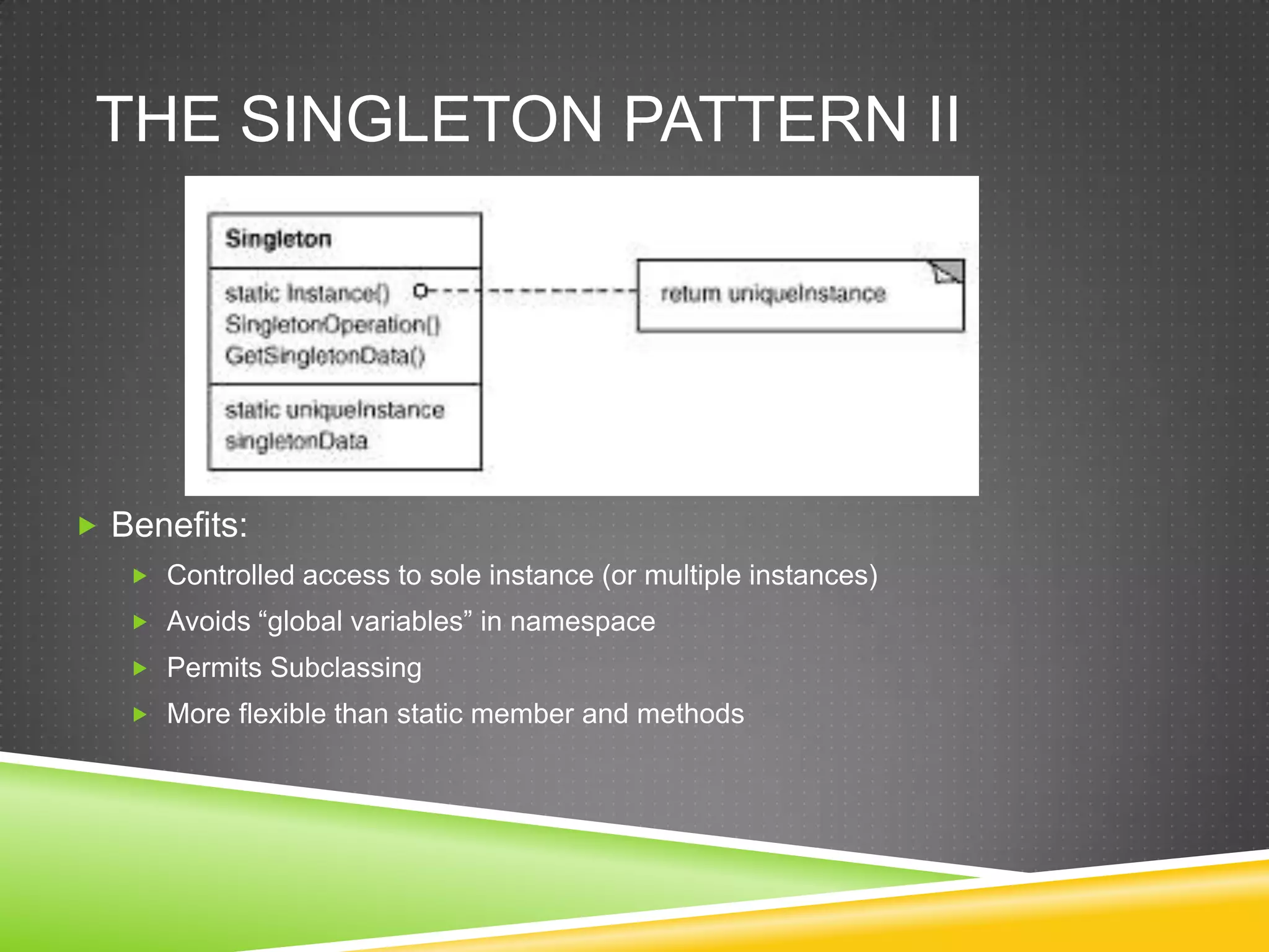 The Singleton Pattern IIBenefits:Controlled access to sole instance (or multiple instances)Avoids “global variables” in namespacePermits SubclassingMore flexible than static member and methods