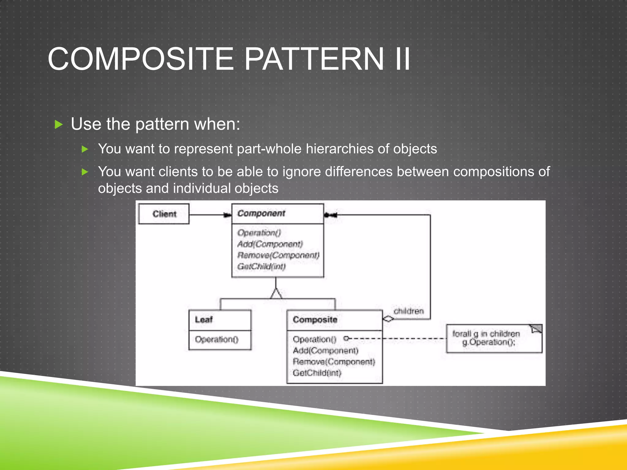 Composite pattern IIUse the pattern when:You want to represent part-whole hierarchies of objectsYou want clients to be able to ignore differences between compositions of objects and individual objects