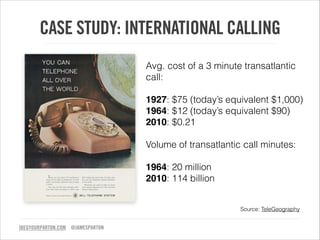 CASE STUDY: INTERNATIONAL CALLING
Avg. cost of a 3 minute transatlantic
call:
!

1927: $75 (today’s equivalent $1,000)
196...