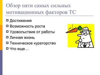Обзор пяти самых сильных мотивационных факторов ТС Достижения Возможность роста Удовольствие от работы Личная жизнь Техническое кураторство Что еще… 