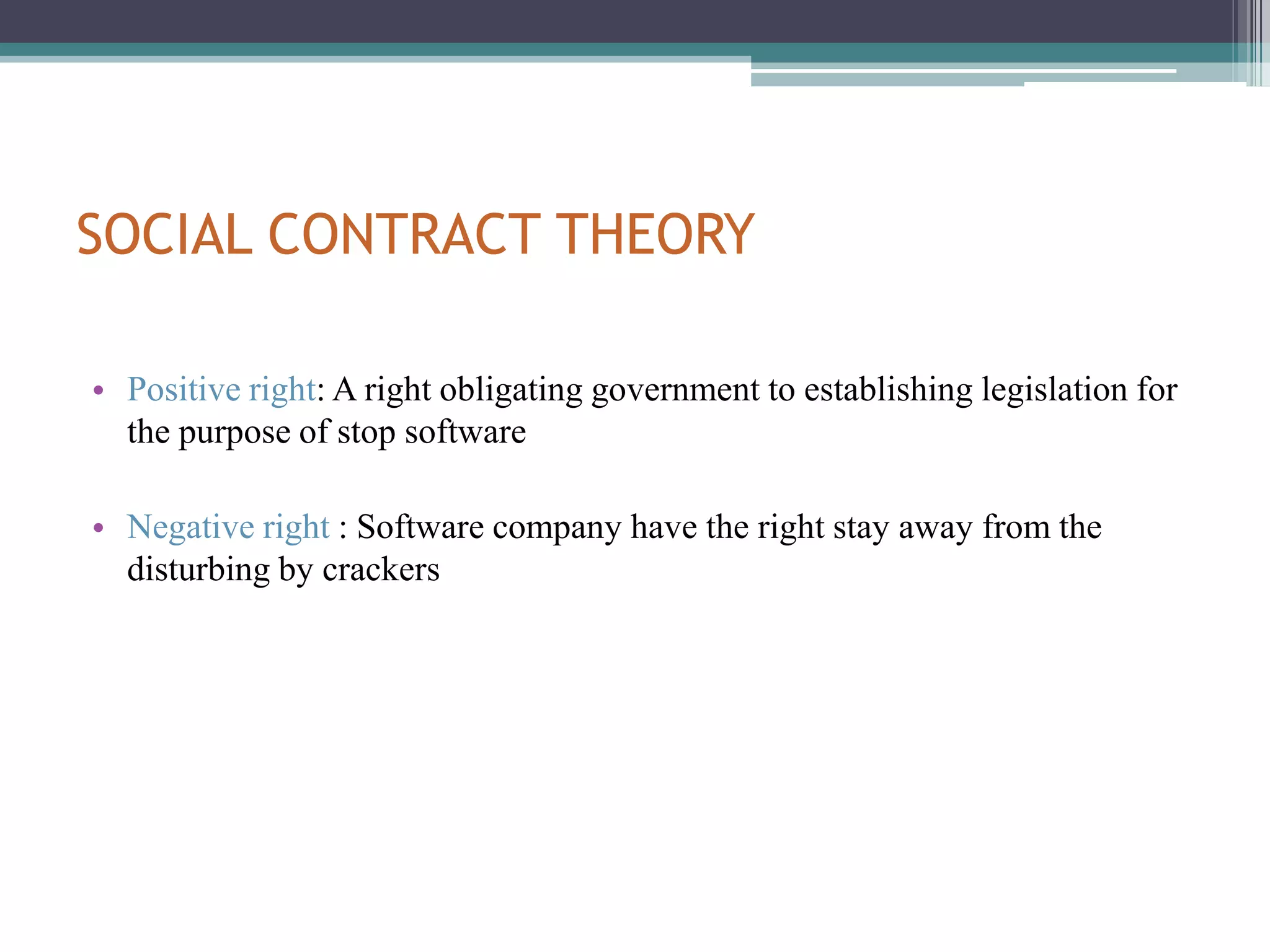 SOFTWARE PIRACY AND THE LAWSoftware piracy is considered organized crime and is classified as a federal offense. Federal law offenders, as defined by the Sentencing Reform Act of 1984, have no chance of parole. Additionally, good behaviour has little impact on their sentence.The average sentence in America for a convicted rapist is nine years, while the average time served is only five years. In many circumstances, a pirate receives a longer jail sentence than a convicted rapist. Law agencies are trying to make a point to the Internet community: do not be a pirate.