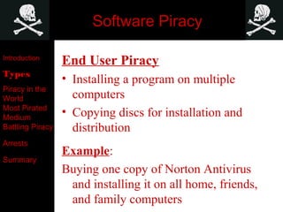 Software Piracy
End User Piracy
• Installing a program on multiple
computers
• Copying discs for installation and
distribution
Example:
Buying one copy of Norton Antivirus
and installing it on all home, friends,
and family computers
Introduction
Types
Piracy in the
World
Most Pirated
Medium
Battling Piracy
Arrests
Summary
 