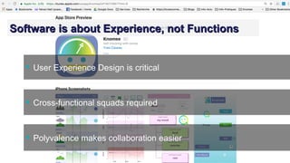 Yves Caseau - The Joy of Programming – June 2018 4/9
Software is about Experience, not FunctionsSoftware is about Experience, not Functions
 User Experience Design is critical
 Cross-functional squads required
 Polyvalence makes collaboration easier
 
