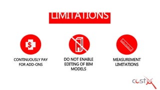 LIMITATIONS
CONTINUOUSLY PAY
FOR ADD-ONS
$
DO NOT ENABLE
EDITING OF BIM
MODELS
MEASUREMENT
LIMITATIONS
 