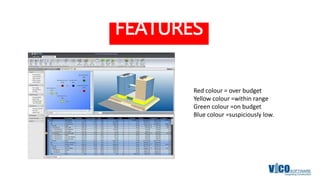 FEATURES
Red colour = over budget
Yellow colour =within range
Green colour =on budget
Blue colour =suspiciously low.
 