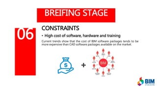 BREIFING STAGE
CONSTRAINTS
• High cost of software, hardware and training
Current trends show that the cost of BIM software packages tends to be
more expensive than CAD software packages available on the market.
06
 