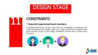DESIGN STAGE
CONSTRAINTS
• Required experienced team members
A dedicated BIM team member must have the knowledge to manipulate the
model and address any changes. With such a large model and an inexperienced
team member, access to the design sometimes required two or three team
members.
11
 