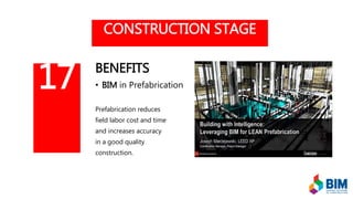 CONSTRUCTION STAGE
BENEFITS
• BIM in Prefabrication
Prefabrication reduces
field labor cost and time
and increases accuracy
in a good quality
construction.
17
 