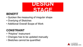 DESIGN
STAGE
BENEFIT
• Quicken the measuring of irregular shape
• Overlying of Sketches
• Additional Overall Scope of Work
CONSTRAINT
• “Polyline” Instrument
• Changes has to be updated manually
• Sketches cannot be quantified
 
