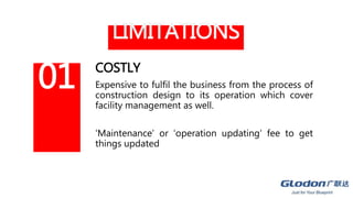 LIMITATIONS
COSTLY
Expensive to fulfil the business from the process of
construction design to its operation which cover
facility management as well.
‘Maintenance’ or ‘operation updating’ fee to get
things updated
01
 