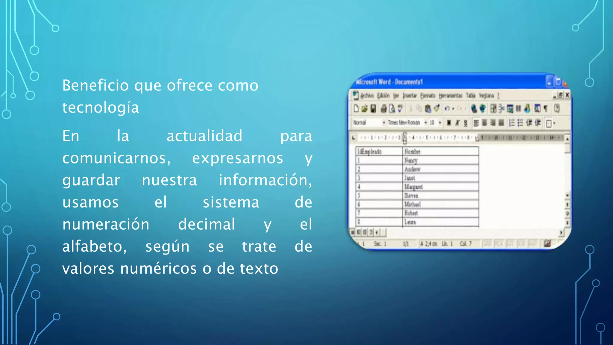 Beneficio que ofrece como
tecnología
En la actualidad para
comunicarnos, expresarnos y
guardar nuestra información,
usamos el sistema de
numeración decimal y el
alfabeto, según se trate de
valores numéricos o de texto
 