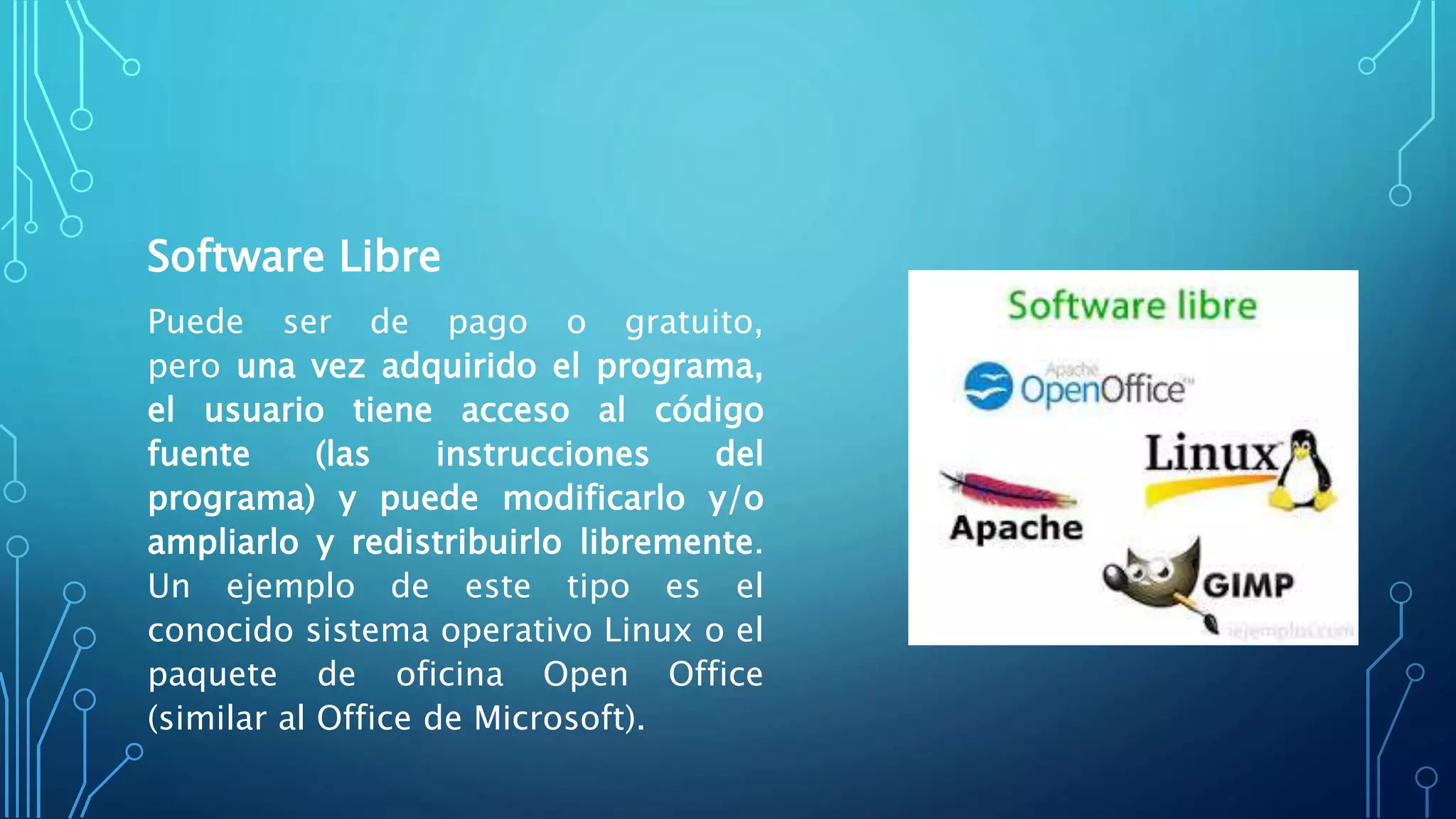 Software Libre
Puede ser de pago o gratuito,
pero una vez adquirido el programa,
el usuario tiene acceso al código
fuente (las instrucciones del
programa) y puede modificarlo y/o
ampliarlo y redistribuirlo libremente.
Un ejemplo de este tipo es el
conocido sistema operativo Linux o el
paquete de oficina Open Office
(similar al Office de Microsoft).
 