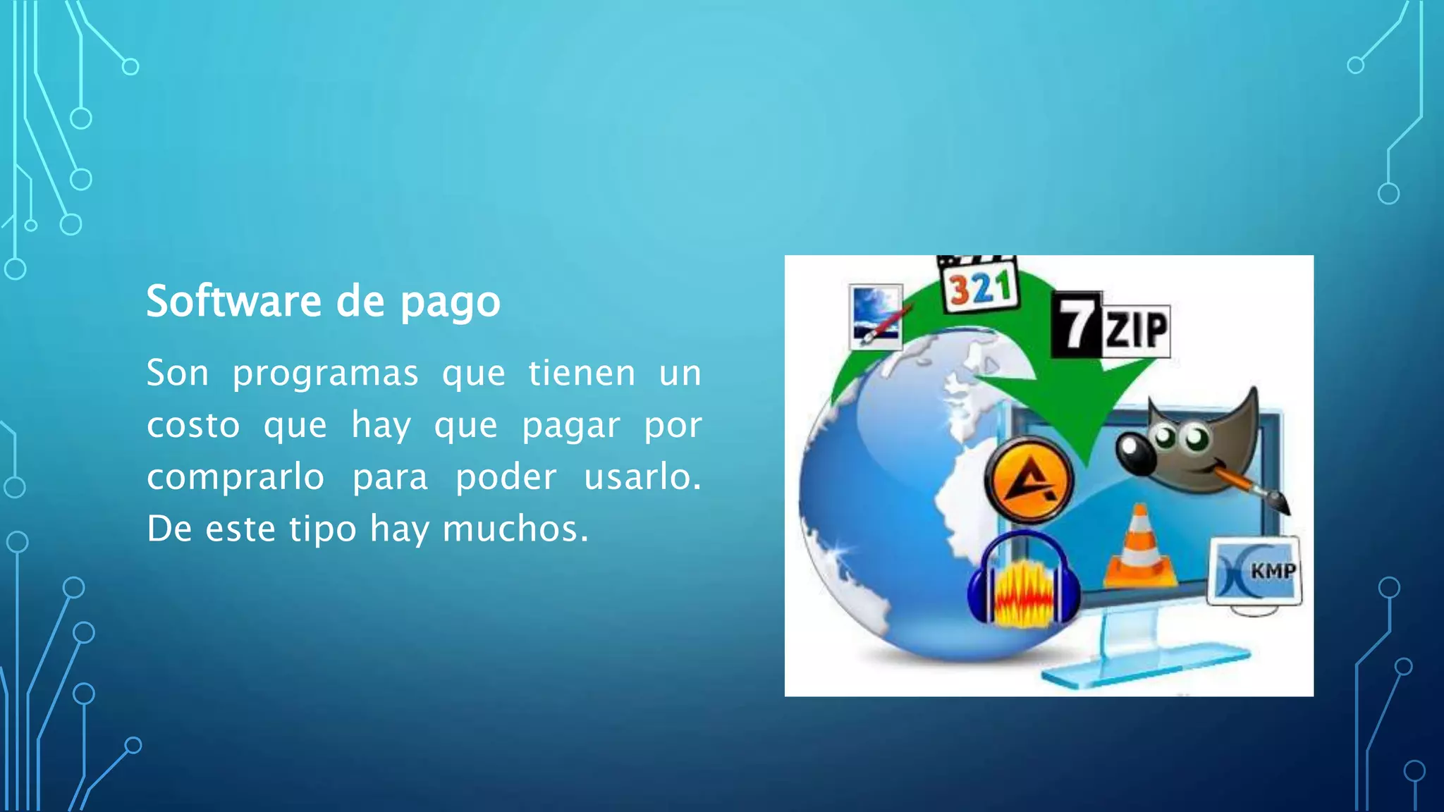 Software de pago
Son programas que tienen un
costo que hay que pagar por
comprarlo para poder usarlo.
De este tipo hay muchos.
 