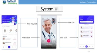 Software Presentation
16
Find Hospital
Video Call
Live Call
Live Chat
System UI
 