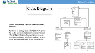 Software Presentation
Class Diagram
9
Custom Telemedicine Platform for all Healthcare
Providers
Our Ready-to-Deploy Telemedicine Platform allows
the doctor and patients to communicate with each
other and provide consulting using mobile apps.
Patients can schedule appointments based on the
doctor’s availability and get online consultation.
 