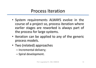Process Iteration
• System requirements ALWAYS evolve in the
  course of a project so, process iteration where
  earlier stages are reworked is always part of
  the process for large systems.
• Iteration can be applied to any of the generic
  process models.
• Two (related) approaches
  – Incremental delivery;
  – Spiral development.

                 Prof. Loganathan R., CSE, HKBKCE   13
 