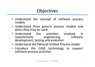 Objectives
• Understand the concept of software process
  models
• Understand three generic process models and
  when they may be used
• Understand     the     activities  involved   in
  requirements         engineering,       software
  development, testing and evolution
• Understand the Rational Unified Process model
• Introduce the CASE technology to support
  software process activities

                 Prof. Loganathan R., CSE, HKBKCE   2
 