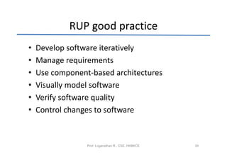 RUP good practice
•   Develop software iteratively
•   Manage requirements
•   Use component-based architectures
•   Visually model software
•   Verify software quality
•   Control changes to software


                 Prof. Loganathan R., CSE, HKBKCE   39
 