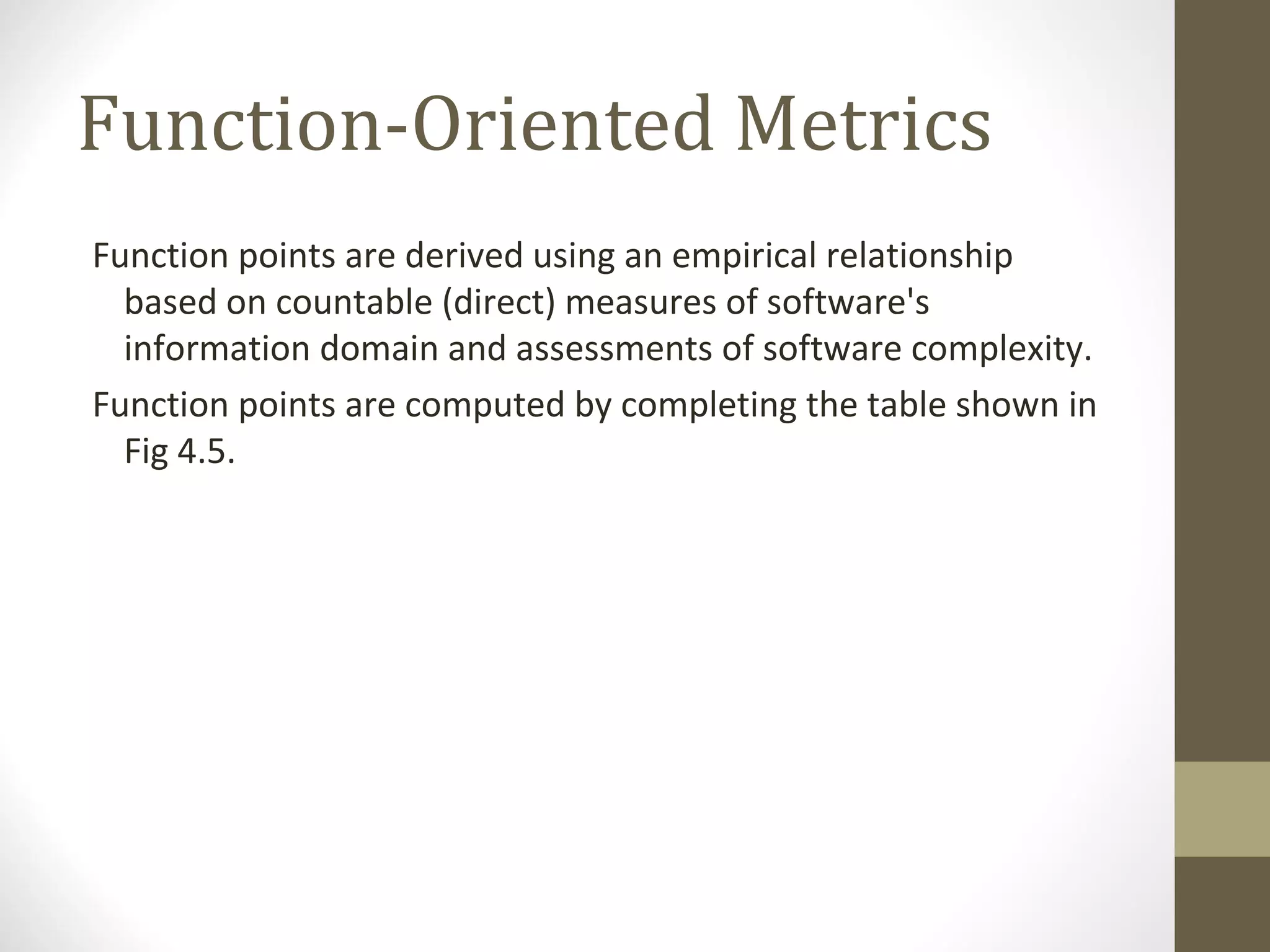 Function-Oriented Metrics
Function points are derived using an empirical relationship
based on countable (direct) measures of software's
information domain and assessments of software complexity.
Function points are computed by completing the table shown in
Fig 4.5.
 