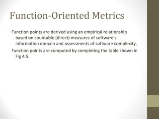 Function-Oriented Metrics
Function points are derived using an empirical relationship
based on countable (direct) measures of software's
information domain and assessments of software complexity.
Function points are computed by completing the table shown in
Fig 4.5.
 