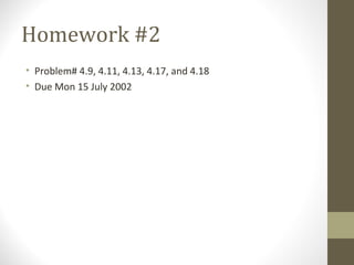 Homework #2
• Problem# 4.9, 4.11, 4.13, 4.17, and 4.18
• Due Mon 15 July 2002
 