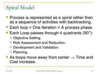 Spiral Model 
 Process is represented as a spiral rather than 
as a sequence of activities with backtracking. 
 Each loop = One Iteration = A process phase. 
 Each Loop passes through 4 quadrants (90°): 
 Objective Setting. 
 Risk Assessment and Reduction. 
 Development and Validation. 
 Planning. 
 As loops move away from center → Time and 
Cost increase. 
11/18/14 CPSC-4360-01, CPSC-5360-01, Lecture 2 22 
 