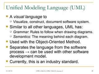 Unified Modeling Language (UML) 
 A visual language to 
 Visualize, construct, document software system. 
 Similar to all other languages, UML has: 
 Grammar: Rules to follow when drawing diagrams. 
 Semantics: The meaning behind each diagram. 
 Used with the Object-Oriented Method. 
 Separates the language from the software 
process → can be used with other software 
development model. 
 Currently, this is an industry standard. 
11/18/14 CPSC-4360-01, CPSC-5360-01, Lecture 2 28 
 