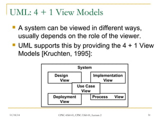UML: 4 + 1 View Models 
 A system can be viewed in different ways, 
usually depends on the role of the viewer. 
 UML supports this by providing the 4 + 1 View 
Models [Kruchten, 1995]: 
System 
Design 
View 
Implementation 
View 
Deployment 
View 
Use Case 
View 
Process View 
11/18/14 CPSC-4360-01, CPSC-5360-01, Lecture 2 31 
 