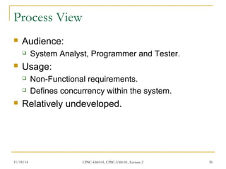 Process View 
 Audience: 
 System Analyst, Programmer and Tester. 
 Usage: 
 Non-Functional requirements. 
 Defines concurrency within the system. 
 Relatively undeveloped. 
11/18/14 CPSC-4360-01, CPSC-5360-01, Lecture 2 36 
 