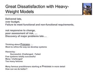 Great Dissatisfaction with Heavy-
Weight Models
Delivered late,
over budget,
Failure to meet functional and non-functional requirements,
not responsive to change,
poor assessment of risk, ....
Discovery of major problems late….
Thinking about Process…..
Want to refine the way we develop systems
Hierarchy:
Successful, Challenged; Failed
Few systems totally successful
Many ‘challenged’
Too many failures
Many famous practitioners starting at Process in more detail
How can we do better?
 