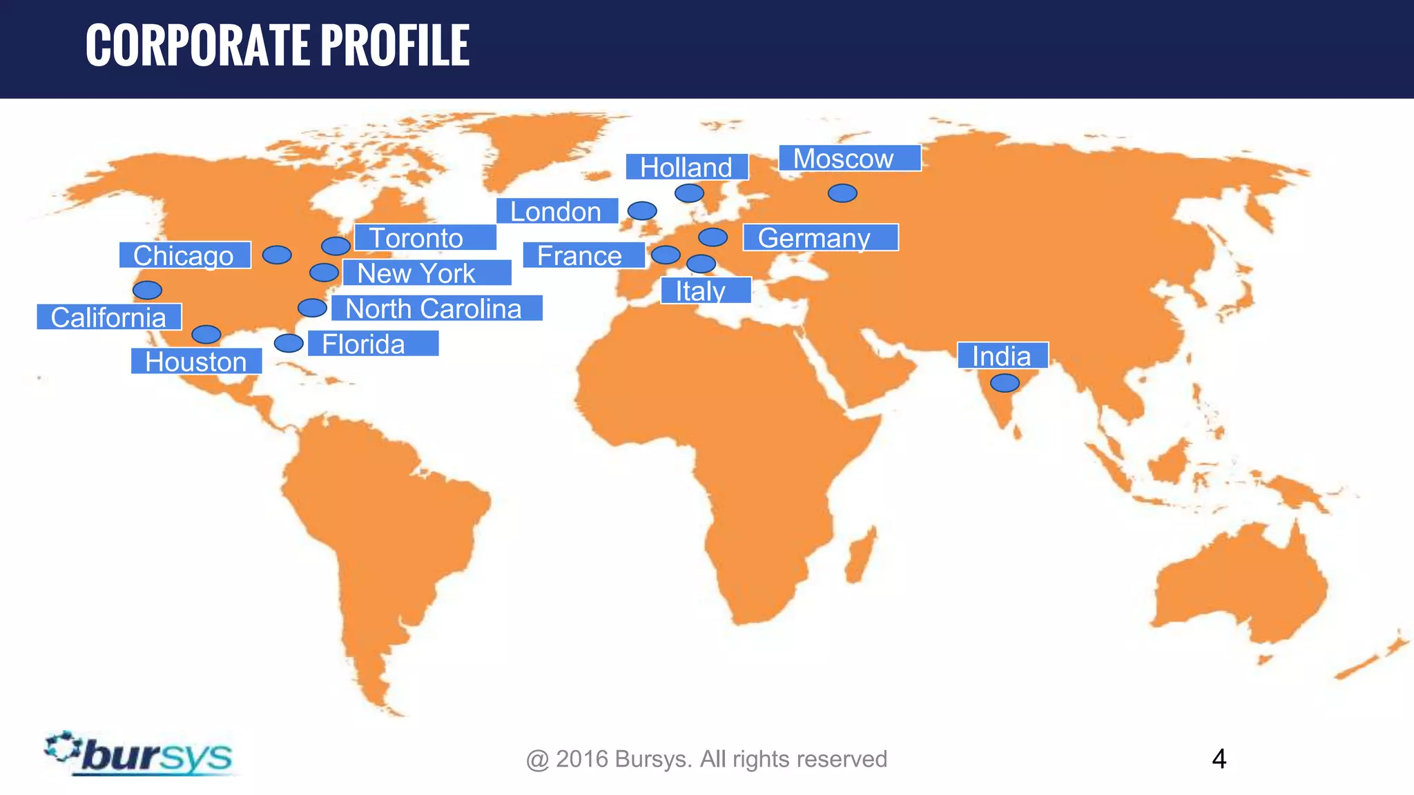 4 IndiaHouston Florida California North Carolina New York Toronto Chicago Germany Italy France MoscowHolland London @ 2016 Bursys. All rights reserved CORPORATE PROFILE 