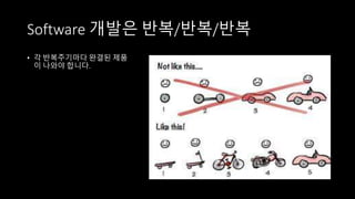 Software 개발은 반복/반복/반복
• 각 반복주기마다 완결된 제품
이 나와야 합니다.
 