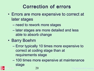20 ©The McGraw-Hill Companies,
Correction of errors
• Errors are more expensive to correct at
later stages
– need to rework more stages
– later stages are more detailed and less
able to absorb change
• Barry Boehm
– Error typically 10 times more expensive to
correct at coding stage than at
requirements stage
– 100 times more expensive at maintenance
stage
 