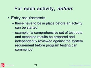 21 ©The McGraw-Hill Companies,
For each activity, define:
• Entry requirements
– these have to be in place before an activity
can be started
– example: ‘a comprehensive set of test data
and expected results be prepared and
independently reviewed against the system
requirement before program testing can
commence’
 