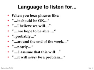 Slide 35Chuck Crafton © 1998
Language to listen for...
• When you hear phrases like:
• “…it should be OK…”
• “…I believe we will…”
• “….we hope to be able….”
• “..probably…”
• “…around the end of the week…”
• “…nearly…”
• “….I assume that this will…”
• “…it will never be a problem…”
 