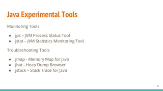 Java Experimental Tools
Monitoring Tools
● jps – JVM Process Status Tool
● jstat – JVM Statistics Monitoring Tool
Troubleshooting Tools
● jmap - Memory Map for Java
● jhat - Heap Dump Browser
● jstack – Stack Trace for Java
31
 
