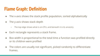 Flame Graph: Definition
● The x-axis shows the stack profile population, sorted alphabetically
● The y-axis shows stack depth
○ The top edge shows what is on-CPU, and beneath it is its ancestry
● Each rectangle represents a stack frame.
● Box width is proportional to the total time a function was profiled directly
or its children were profiled
● The colors are usually not significant, picked randomly to differentiate
frames.
 