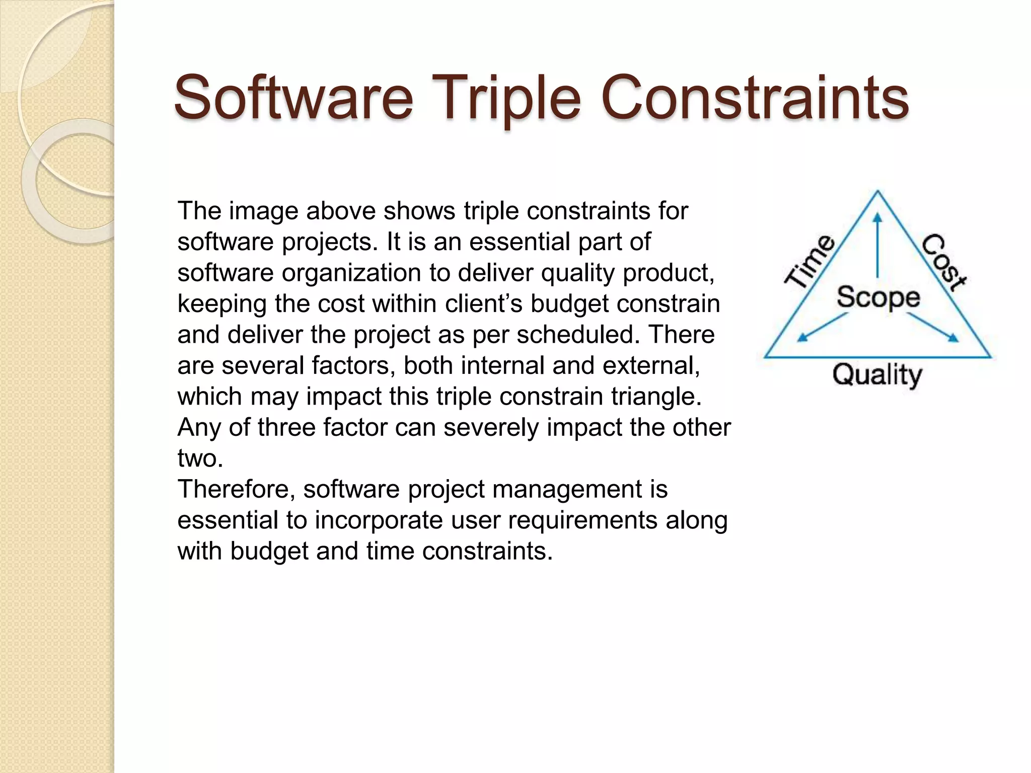 Software Triple Constraints The image above shows triple constraints for software projects. It is an essential part of software organization to deliver quality product, keeping the cost within client’s budget constrain and deliver the project as per scheduled. There are several factors, both internal and external, which may impact this triple constrain triangle. Any of three factor can severely impact the other two. Therefore, software project management is essential to incorporate user requirements along with budget and time constraints. 