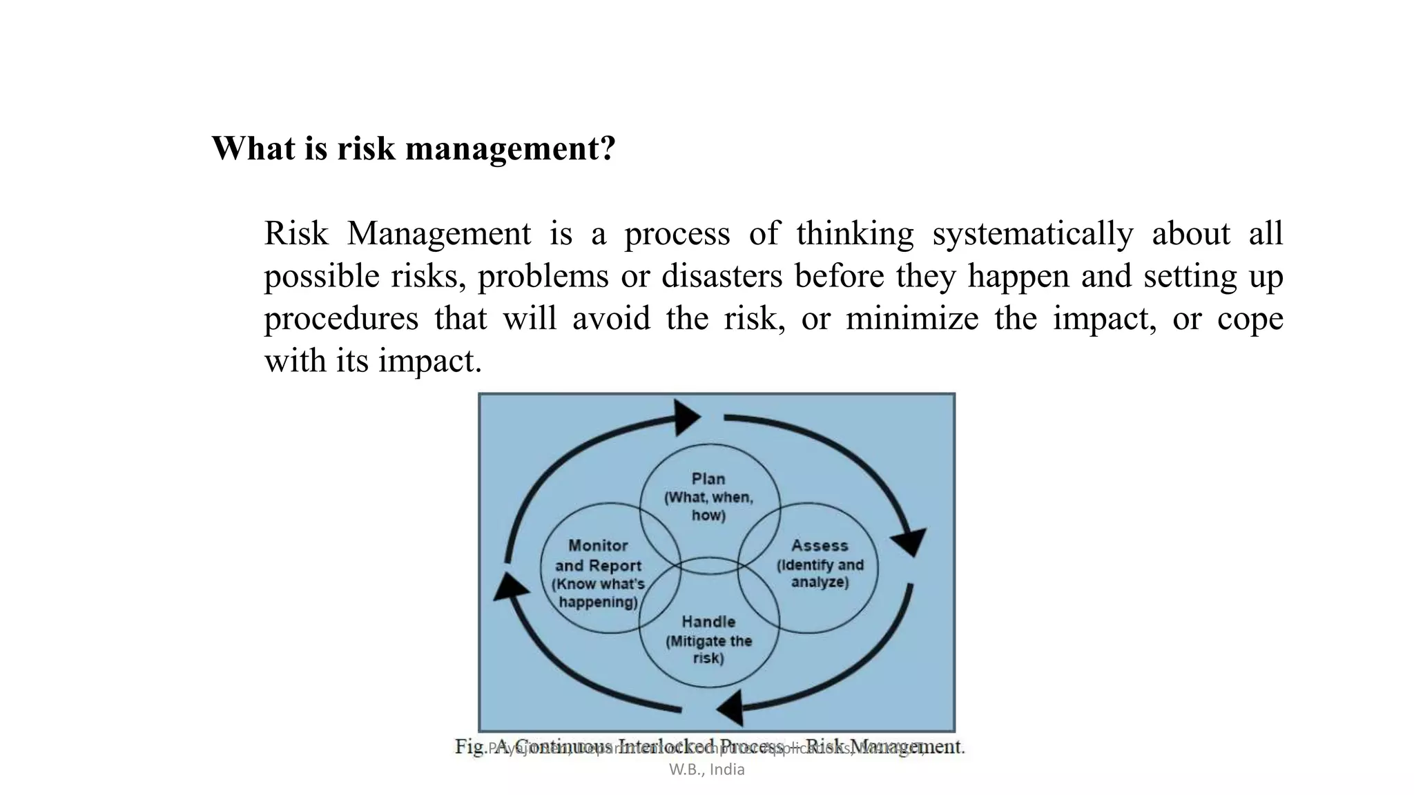 What is risk management?
Risk Management is a process of thinking systematically about all
possible risks, problems or disasters before they happen and setting up
procedures that will avoid the risk, or minimize the impact, or cope
with its impact.
Priyajit Sen, Department of Computer Applications, MAKAUT,
W.B., India
 