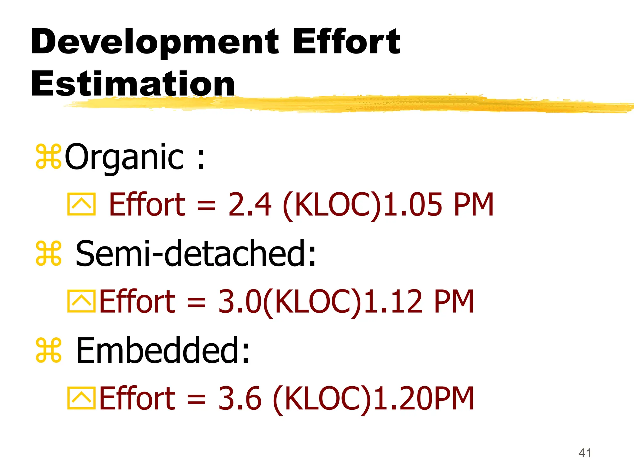 41
Development Effort
Estimation
Organic :
 Effort = 2.4 (KLOC)1.05 PM
 Semi-detached:
Effort = 3.0(KLOC)1.12 PM
 Embedded:
Effort = 3.6 (KLOC)1.20PM
 