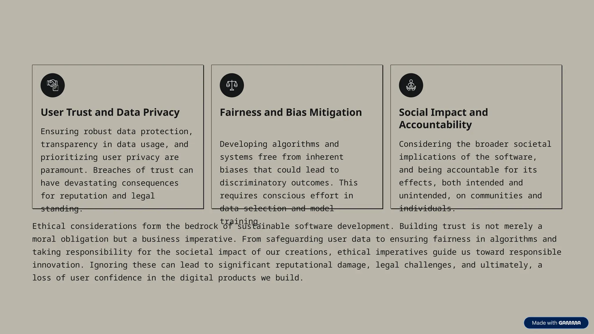 User Trust and Data Privacy
Ensuring robust data protection,
transparency in data usage, and
prioritizing user privacy are
paramount. Breaches of trust can
have devastating consequences
for reputation and legal
standing.
Fairness and Bias Mitigation
Developing algorithms and
systems free from inherent
biases that could lead to
discriminatory outcomes. This
requires conscious effort in
data selection and model
training.
Social Impact and
Accountability
Considering the broader societal
implications of the software,
and being accountable for its
effects, both intended and
unintended, on communities and
individuals.
Ethical considerations form the bedrock of sustainable software development. Building trust is not merely a
moral obligation but a business imperative. From safeguarding user data to ensuring fairness in algorithms and
taking responsibility for the societal impact of our creations, ethical imperatives guide us toward responsible
innovation. Ignoring these can lead to significant reputational damage, legal challenges, and ultimately, a
loss of user confidence in the digital products we build.
 