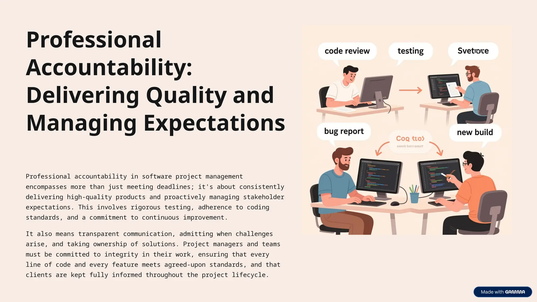 Professional
Accountability:
Delivering Quality and
Managing Expectations
Professional accountability in software project management
encompasses more than just meeting deadlines; it's about consistently
delivering high-quality products and proactively managing stakeholder
expectations. This involves rigorous testing, adherence to coding
standards, and a commitment to continuous improvement.
It also means transparent communication, admitting when challenges
arise, and taking ownership of solutions. Project managers and teams
must be committed to integrity in their work, ensuring that every
line of code and every feature meets agreed-upon standards, and that
clients are kept fully informed throughout the project lifecycle.
 