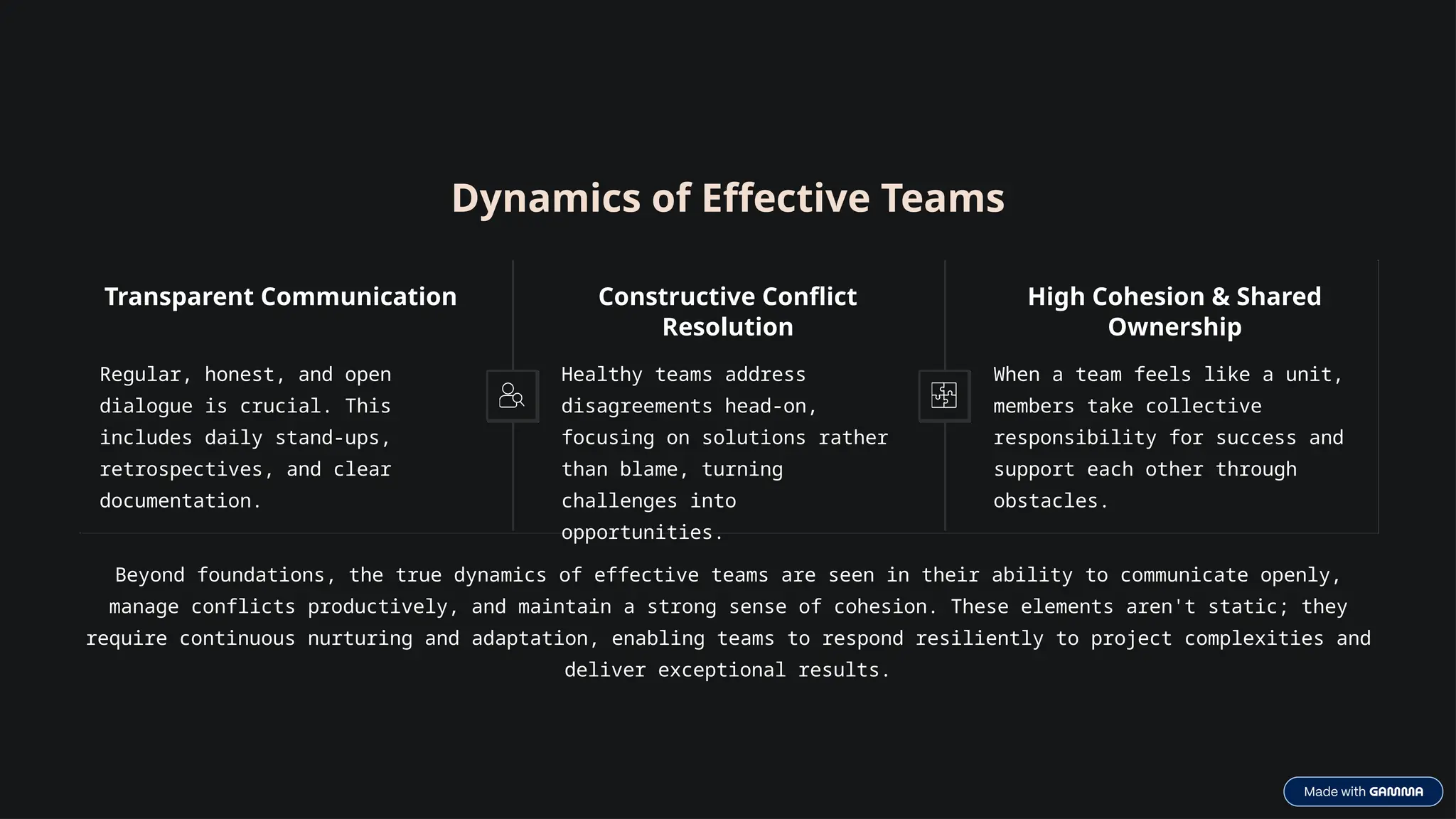Dynamics of Effective Teams
Transparent Communication
Regular, honest, and open
dialogue is crucial. This
includes daily stand-ups,
retrospectives, and clear
documentation.
Constructive Conflict
Resolution
Healthy teams address
disagreements head-on,
focusing on solutions rather
than blame, turning
challenges into
opportunities.
High Cohesion & Shared
Ownership
When a team feels like a unit,
members take collective
responsibility for success and
support each other through
obstacles.
Beyond foundations, the true dynamics of effective teams are seen in their ability to communicate openly,
manage conflicts productively, and maintain a strong sense of cohesion. These elements aren't static; they
require continuous nurturing and adaptation, enabling teams to respond resiliently to project complexities and
deliver exceptional results.
 