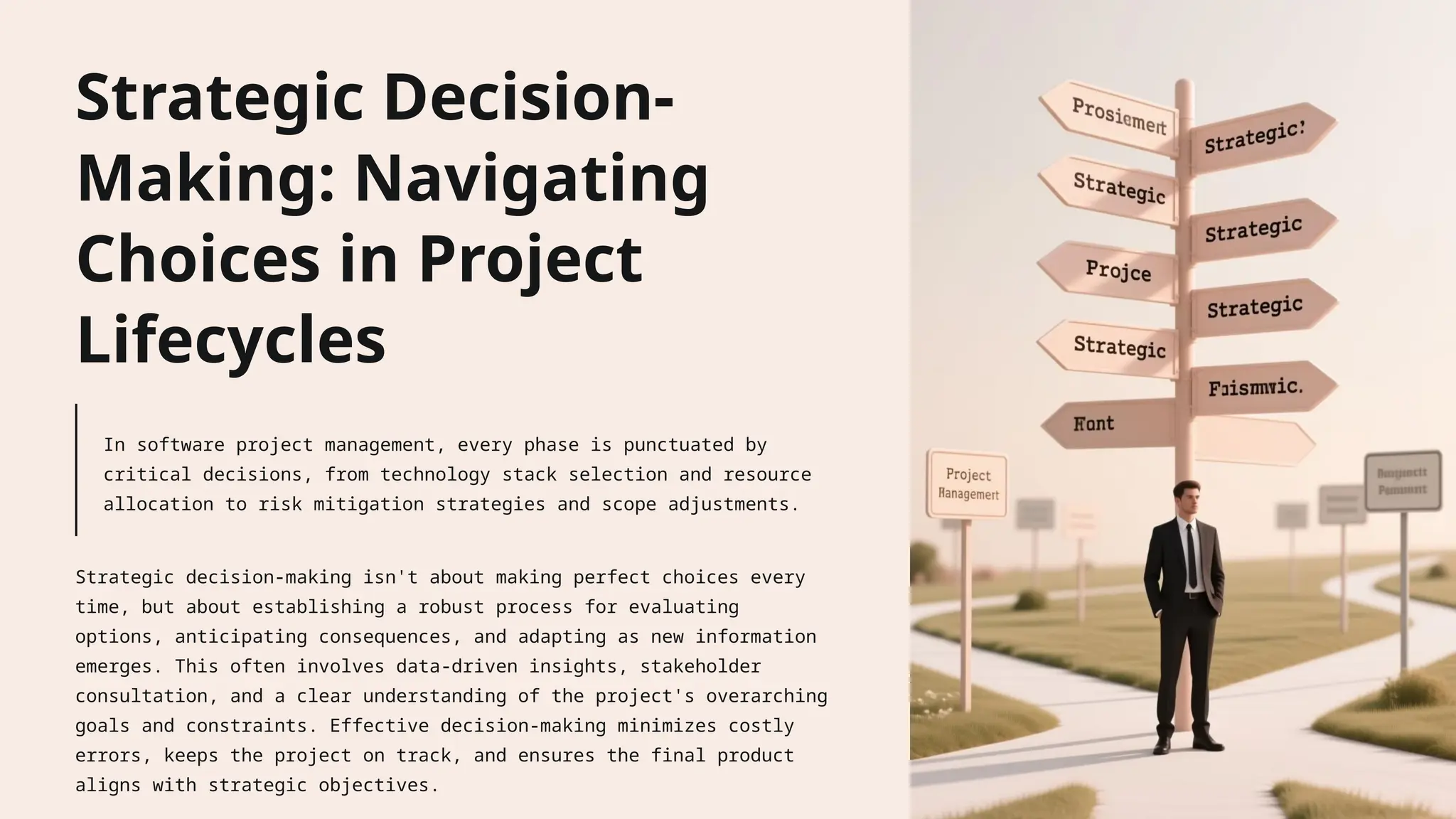 Strategic Decision-
Making: Navigating
Choices in Project
Lifecycles
In software project management, every phase is punctuated by
critical decisions, from technology stack selection and resource
allocation to risk mitigation strategies and scope adjustments.
Strategic decision-making isn't about making perfect choices every
time, but about establishing a robust process for evaluating
options, anticipating consequences, and adapting as new information
emerges. This often involves data-driven insights, stakeholder
consultation, and a clear understanding of the project's overarching
goals and constraints. Effective decision-making minimizes costly
errors, keeps the project on track, and ensures the final product
aligns with strategic objectives.
 