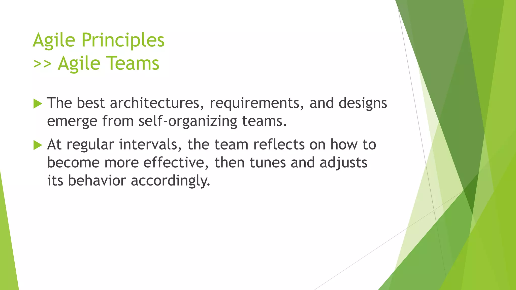 Agile Principles
>> Agile Teams
 The best architectures, requirements, and designs
emerge from self-organizing teams.
 At regular intervals, the team reflects on how to
become more effective, then tunes and adjusts
its behavior accordingly.
 