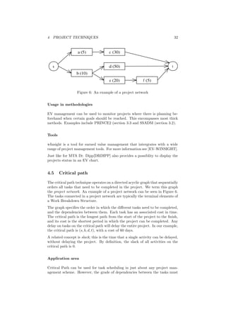 4 PROJECT TECHNIQUES 32
Figure 6: An example of a project network
Usage in methodologies
EV management can be used to monitor projects where there is planning be-
forehand when certain goals should be reached. This encompasses most thick
methods. Examples include PRINCE2 (section 3.3 and SSADM (section 3.2).
Tools
wInsight is a tool for earned value management that intergrates with a wide
range of project management tools. For more information see [EV-WINSIGHT].
Just like for MTA Dr. Dipp[DRDIPP] also provides a possiblity to display the
projects status in an EV chart.
4.5 Critical path
The critical path technique operates on a directed acyclic graph that sequentially
orders all tasks that need to be completed in the project. We term this graph
the project network. An example of a project network can be seen in Figure 6.
The tasks connected in a project network are typically the terminal elements of
a Work Breakdown Structure.
The graph speciﬁes the order in which the diﬀerent tasks need to be completed,
and the dependencies between them. Each task has an associated cost in time.
The critical path is the longest path from the start of the project to the ﬁnish,
and its cost is the shortest period in which the project can be completed. Any
delay on tasks on the critical path will delay the entire project. In our example,
the critical path is (s, b, d, t), with a cost of 60 days.
A related concept is slack; this is the time that a single activity can be delayed,
without delaying the project. By deﬁnition, the slack of all activities on the
critical path is 0.
Application area
Critical Path can be used for task scheduling in just about any project man-
agement scheme. However, the grade of dependencies between the tasks must
 