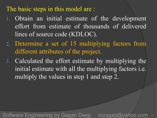The basic steps in this model are :
1. Obtain an initial estimate of the development
effort from estimate of thousands of delivered
lines of source code (KDLOC).
2. Determine a set of 15 multiplying factors from
different attributes of the project.
3. Calculated the effort estimate by multiplying the
initial estimate with all the multiplying factors i.e.
multiply the values in step 1 and step 2.
10Software Engineering by Gagan Deep rozygag@yahoo.com
 