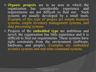  Organic projects are in an area in which the
organization has considerable experience and
requirements are not difficult to find out. Such
systems are usually developed by a small team.
Example of this type of project are simple business
systems, simple inventory management systems, and
data processing systems.
 Projects of the embedded type are ambitious and
novel; the organization has little experience and it is
difficult to find out requirements. These systems have
tight constraints from the environment (software,
hardware, and people). Examples are embedded
avionics systems and real-time command systems.
Software Engineering by Gagan Deep
rozygag@yahoo.com 12
 