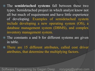  The semidetached systems fall between these two
types. Semidetached project in which analyst know not
all but much of requirement and have little experience
of developing. Examples of semidetached system
include developing a new operating system (OS), a
database management system (DBMS), and complex
inventory management system.
 The constants a and b for different systems are given
in table.
 There are 15 different attributes, called cost driver
attributes, that determine the multiplying factors.
13Software Engineering by Gagan Deep rozygag@yahoo.com
 