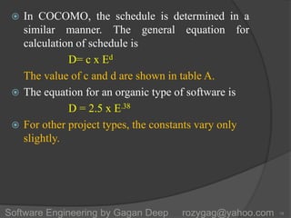  In COCOMO, the schedule is determined in a
similar manner. The general equation for
calculation of schedule is
D= c x Ed
The value of c and d are shown in table A.
 The equation for an organic type of software is
D = 2.5 x E.38
 For other project types, the constants vary only
slightly.
18Software Engineering by Gagan Deep rozygag@yahoo.com
 